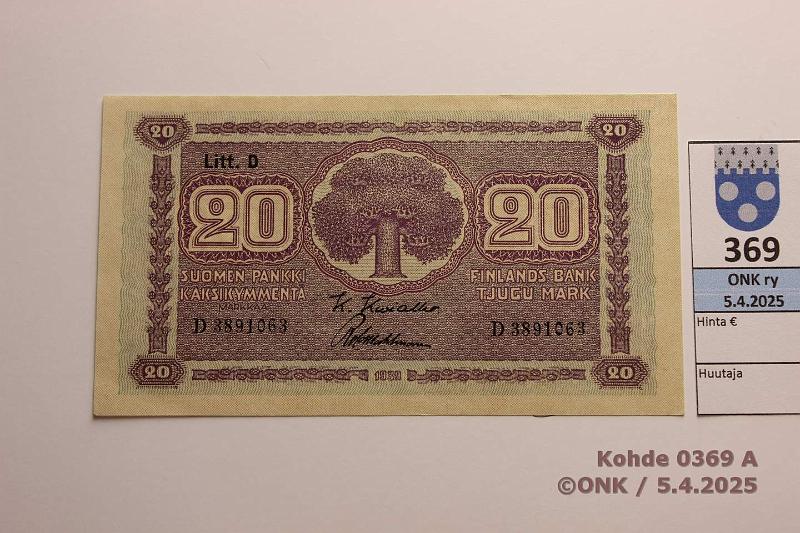 k-0369-a.jpg - Kohde 369 (kuva 1/2), lhthinta: 15 € 20 mk 1939 LD SNY 159.2 D3891063 KIV-Wah, vl 2, kunto: 8