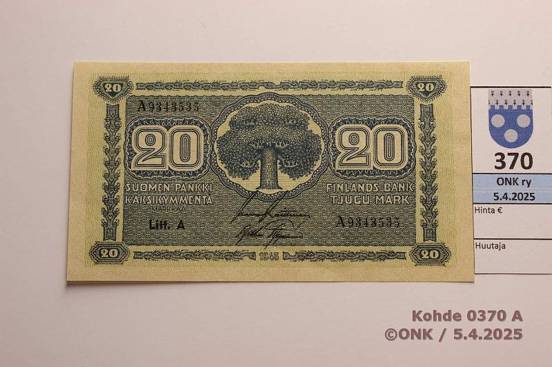 k-0370-a.jpg - Kohde 370 (kuva 1/2), lhthinta: 10 € 20 mk 1945 LA SNY 160.1.1 A9343535 RAI-AAs, kunto: 9