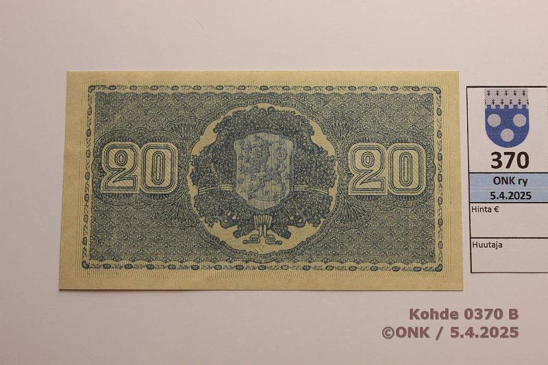 k-0370-b.jpg - Kohde 370 (kuva 2/2), lhthinta: 10 € 20 mk 1945 LA SNY 160.1.1 A9343535 RAI-AAs, kunto: 9