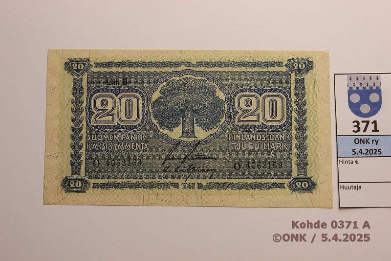 k-0371-a.jpg - Kohde 371, lhthinta: 5 € 20 mk 1945 LB SNY 160.2.1 O4062169 RAI-Kil, kunto: 8