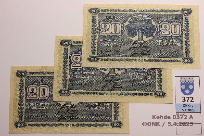 k-0372-a.jpg - Kohde 372, lhthinta: 15 € 20 mk 1945 LB (3) SNY 160.2.1 P5546678-80 RAI-AAs, perkkiset, kunto: 8