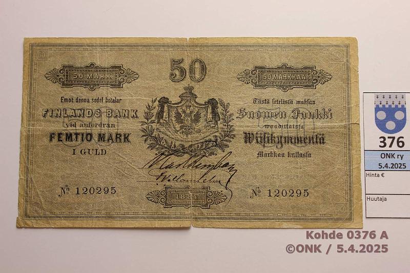 k-0376-a.jpg - Kohde 376 (kuva 1/2), lhthinta: 400 € 50 mk 1884 SNY 163 120295 Bergbom-Mannelin, rep, keskireik, kunto: 3