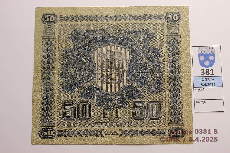 k-0381-b.jpg - Kohde 381 (kuva 2/2), lhthinta: 200 € 50 mk 1922 LA SNY 167.2 F0366739 GR-The, eprep, 3 neulanreik, kunto: 4