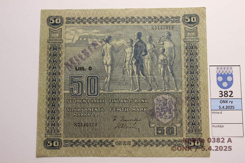 k-0382-a.jpg - Kohde 382 (kuva 1/2), lhthinta: 50 € 50 mk 1922 LC SNY 167.4.1 S0140319 KIV-Als, harv ak-pari (v), kova paperi, Mittn-leimat, kunto: 5