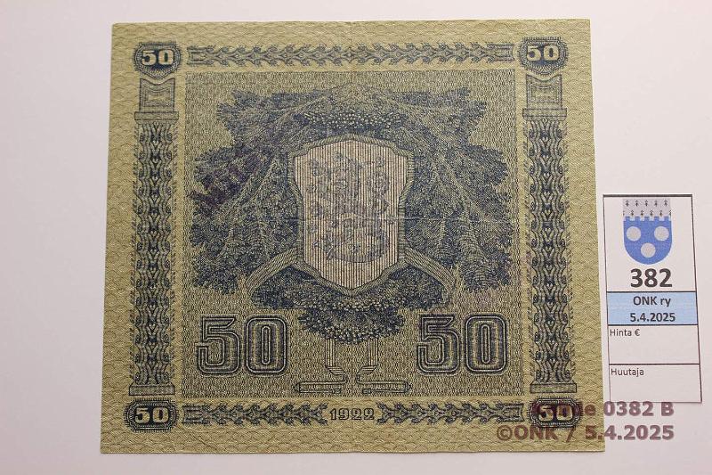 k-0382-b.jpg - Kohde 382 (kuva 2/2), lhthinta: 50 € 50 mk 1922 LC SNY 167.4.1 S0140319 KIV-Als, harv ak-pari (v), kova paperi, Mittn-leimat, kunto: 5