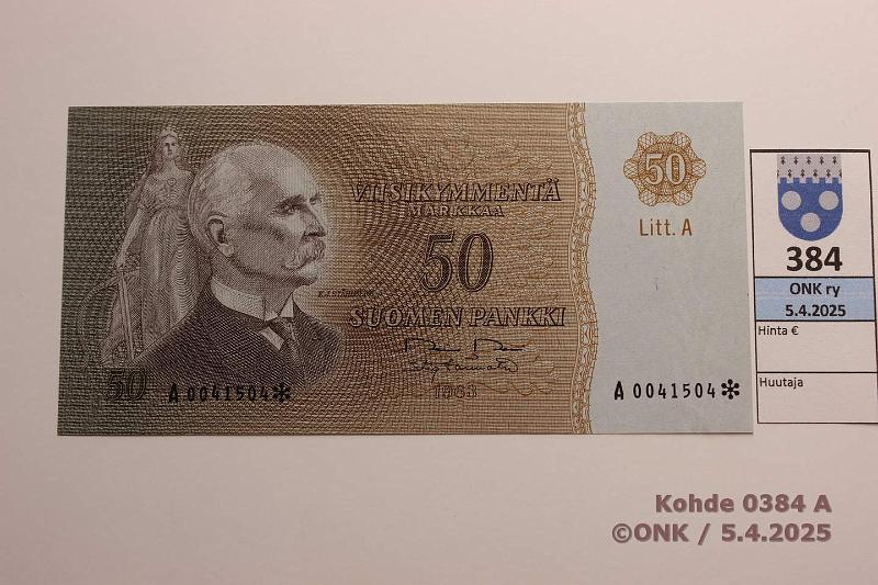 k-0384-a.jpg - Kohde 384 (kuva 1/2), lhthinta: 800 € 50 mk 1963 LA A* SNY 170.4 A0041504* RO II-Tr, vaikea korvaava, kunto: 9