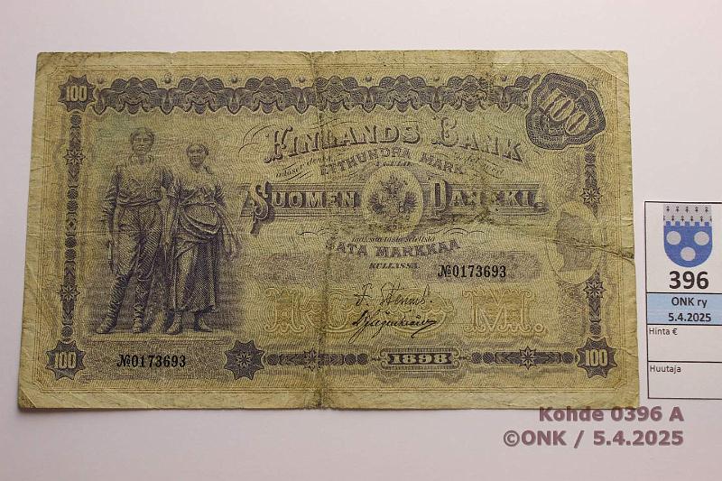 k-0396-a.jpg - Kohde 396 (kuva 1/2), lhthinta: 200 € 100 mk 1898 SNY 175.2 0173693 STE-Jg, viivat alla, prep, preiki, tahroja. Pienin tunnettu sarjan:o viivat alla -variantista, kunto: 3