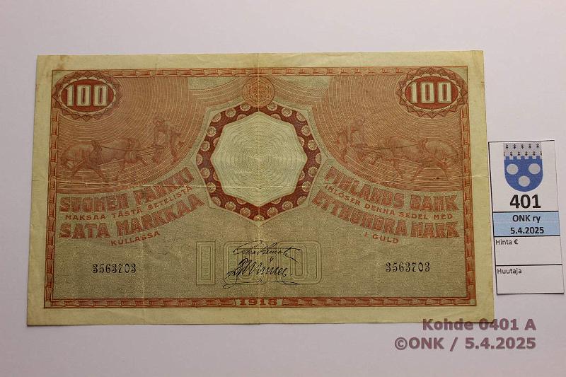 k-0401-a.jpg - Kohde 401 (kuva 1/2), lhthinta: 90 € 100 mk 1918 SNY 177 3563703 STE-Ml, tahroja, kunto: 4