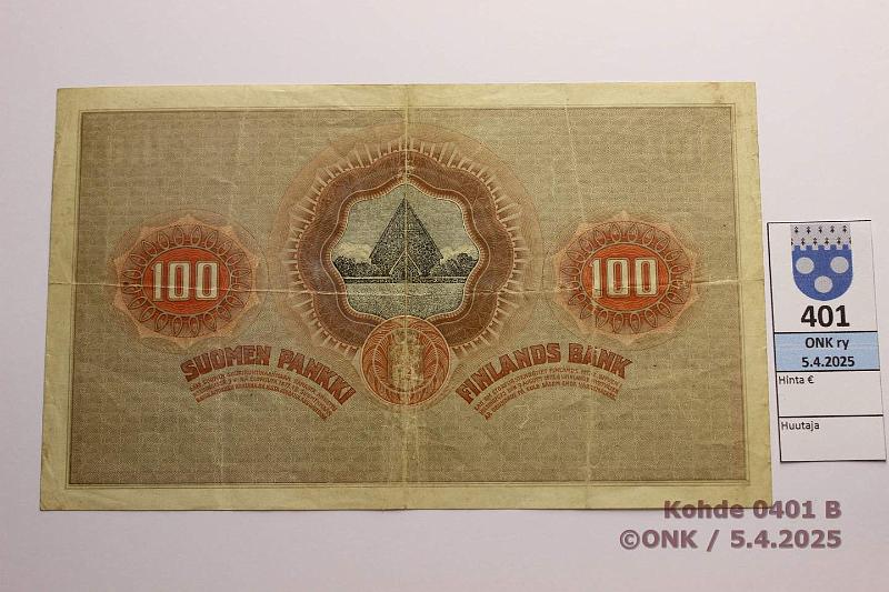 k-0401-b.jpg - Kohde 401 (kuva 2/2), lhthinta: 90 € 100 mk 1918 SNY 177 3563703 STE-Ml, tahroja, kunto: 4