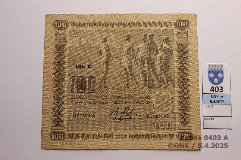 k-0403-a.jpg - Kohde 403 (kuva 1/2), lhthinta: 20 € 100 mk 1922 LC SNY 178.4.1 B0789202 RYT-OAs, harv ak-pari (v), kunto: 4