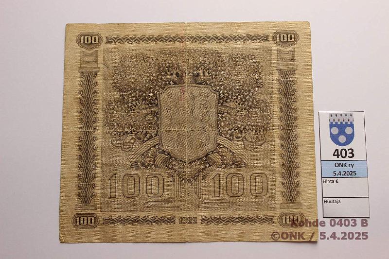 k-0403-b.jpg - Kohde 403 (kuva 2/2), lhthinta: 20 € 100 mk 1922 LC SNY 178.4.1 B0789202 RYT-OAs, harv ak-pari (v), kunto: 4