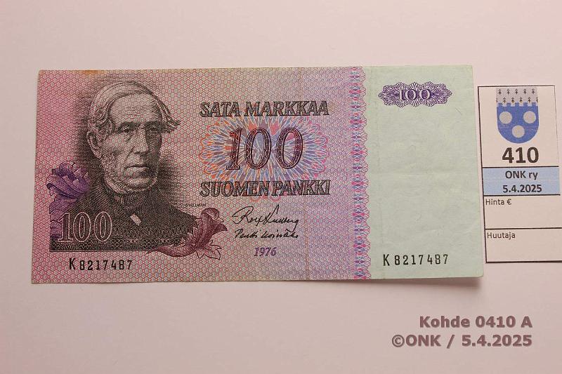 k-0410-a.jpg - Kohde 410 (kuva 1/2), lhthinta: 14 € 100 mk 1976 SNY 184.1.1 K8217487 KU I-Ko1, kunto: 4