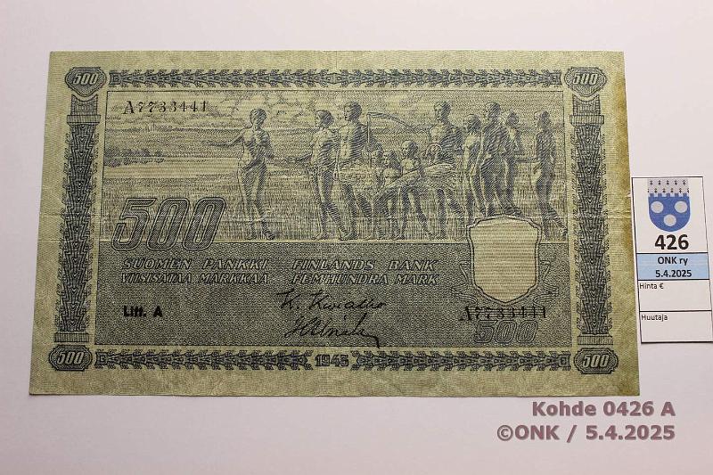 k-0426-a.jpg - Kohde 426 (kuva 1/2), lhthinta: 80 € 500 mk 1945 LA SNY 190.1.1 A7733441 KIV-Als, pieni puutos ja tahra reunassa, kunto: 4