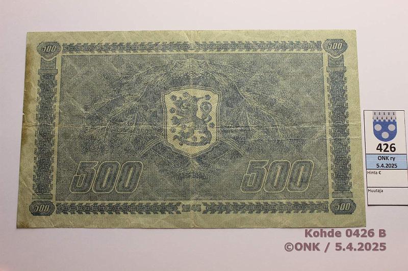 k-0426-b.jpg - Kohde 426 (kuva 2/2), lhthinta: 80 € 500 mk 1945 LA SNY 190.1.1 A7733441 KIV-Als, pieni puutos ja tahra reunassa, kunto: 4