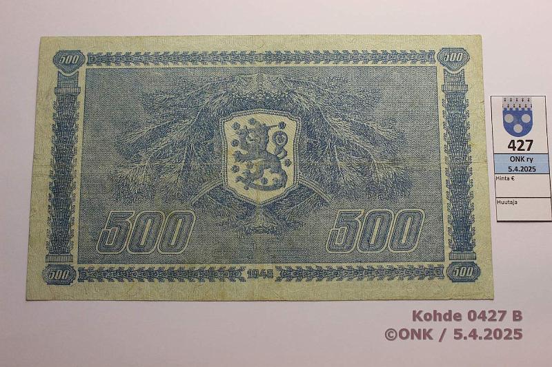 k-0427-b.jpg - Kohde 427 (kuva 2/2), lhthinta: 45 € 500 mk 1945 LB SNY 190.2 C7744912 RAI-Als, 1mm rep, keskireik, kunto: 4