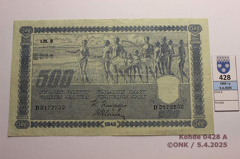 k-0428-a.jpg - Kohde 428 (kuva 1/2), lhthinta: 80 € 500 mk 1945 LB SNY 190.2 D0172750 KIV-Als, kunto: 5