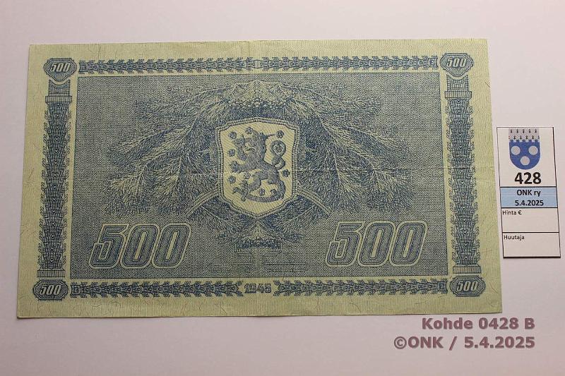 k-0428-b.jpg - Kohde 428 (kuva 2/2), lhthinta: 80 € 500 mk 1945 LB SNY 190.2 D0172750 KIV-Als, kunto: 5