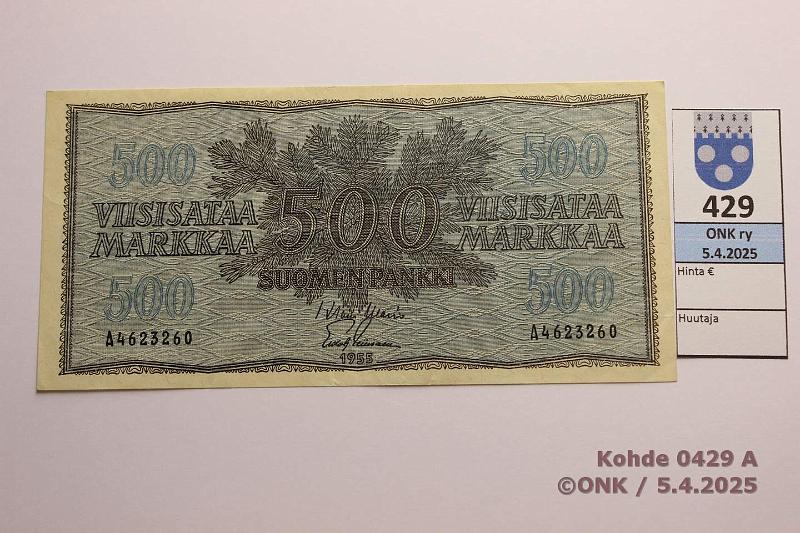 k-0429-a.jpg - Kohde 429 (kuva 1/2), lhthinta: 185 € 500 mk 1955 SNY 191.1.1 A4623260 WAR-Lei, kunto: 5