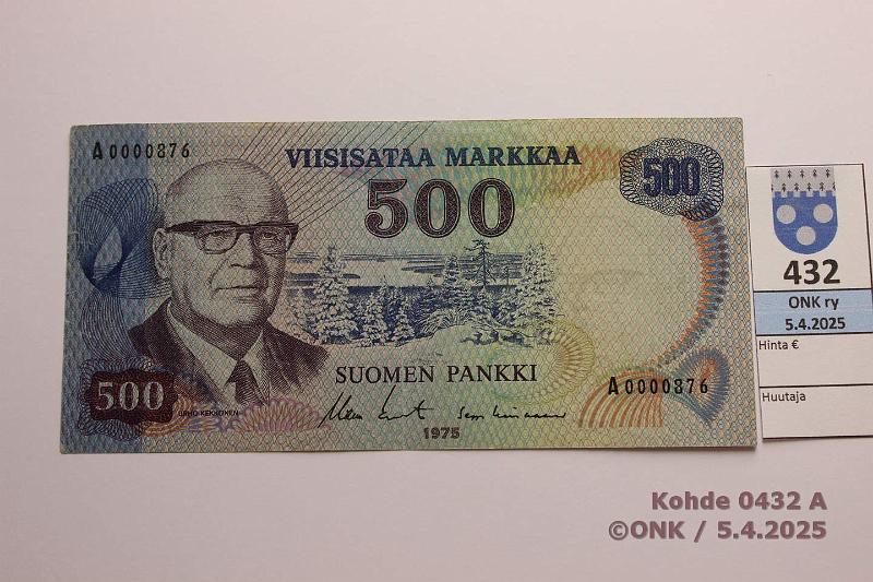 k-0432-a.jpg - Kohde 432 (kuva 1/2), lhthinta: 100 € 500 mk 1975 SNY 193.1.1 A0000876 KO II-Lin, metallilanka, pienehk sarjan:o, kunto: 4