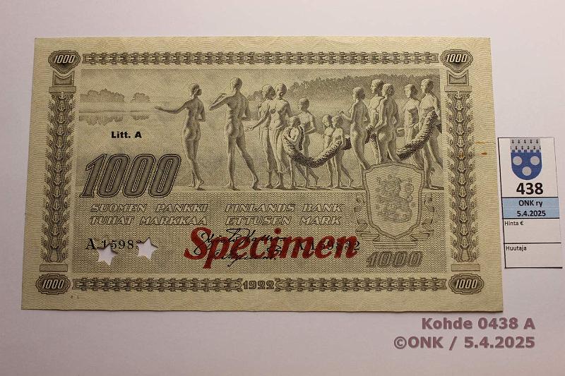 k-0438-a.jpg - Kohde 438 (kuva 1/2), lhthinta: 4600 € 1000 mk 1922 LA SNY 197.2 A159832 KAL-OAs, klemmarista vrjym. Punainen SPECIMEN ja thtirei'itys. SNY:n kirjan mukaan vastaava n:olla A159(?)34 olisi uniikki. Tm on siis toinen tunnettu, kunto: 8