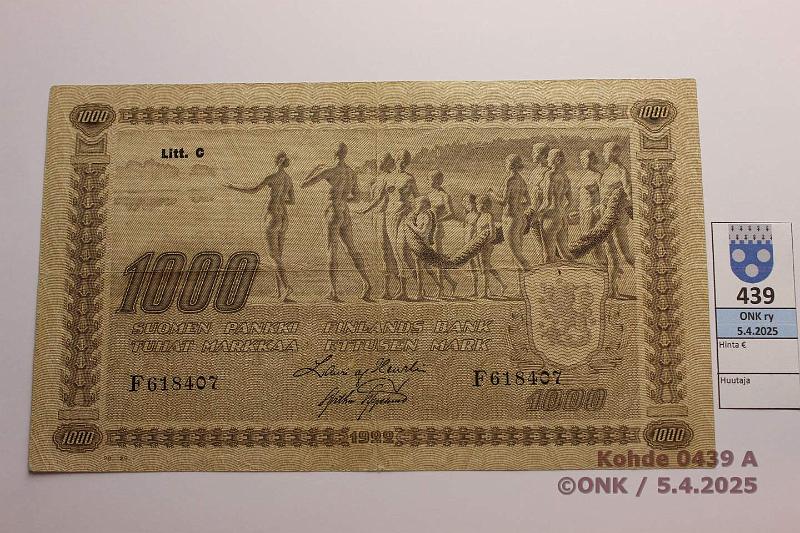 k-0439-a.jpg - Kohde 439 (kuva 1/2), lhthinta: 60 € 1000 mk 1922 LC SNY 197.3.2 tII F618407 HEU-AAs, eprep, neulanreik, kunto: 4