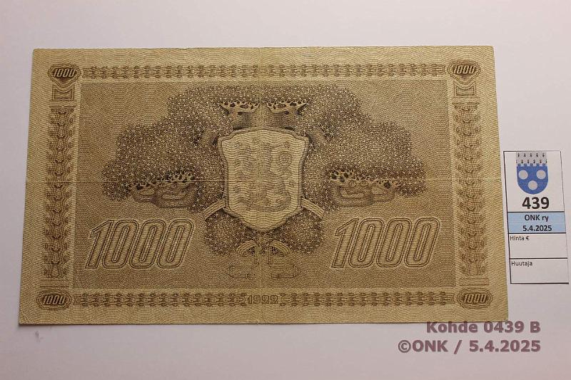 k-0439-b.jpg - Kohde 439 (kuva 2/2), lhthinta: 60 € 1000 mk 1922 LC SNY 197.3.2 tII F618407 HEU-AAs, eprep, neulanreik, kunto: 4