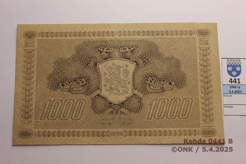 k-0441-b.jpg - Kohde 441 (kuva 2/2), lhthinta: 370 € 1000 mk 1922 LC SNY 197.3.3 tIII M627878 RAI-AAs, ainoastaan kulmataitos, kunto: 8