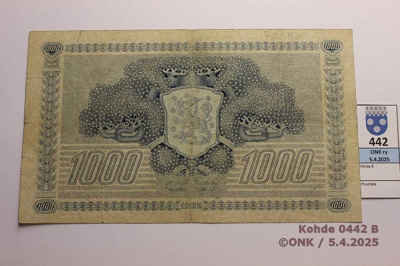 k-0442-b.jpg - Kohde 442 (kuva 2/2), lhthinta: 500 € 1000 mk 1922 LD SNY 197.4 A079769 JUT-Wah, preiki, rep, km, kunto: 3