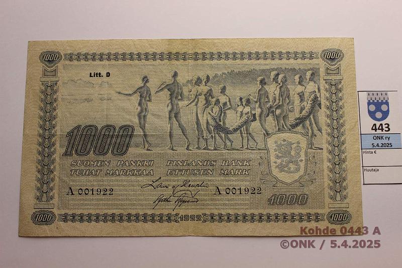 k-0443-a.jpg - Kohde 443 (kuva 1/2), lhthinta: 1000 € 1000 mk 1922 LD SNY 197.4 A001922 HEU-AAs, tahra. Hyv kunto!, kunto: 5