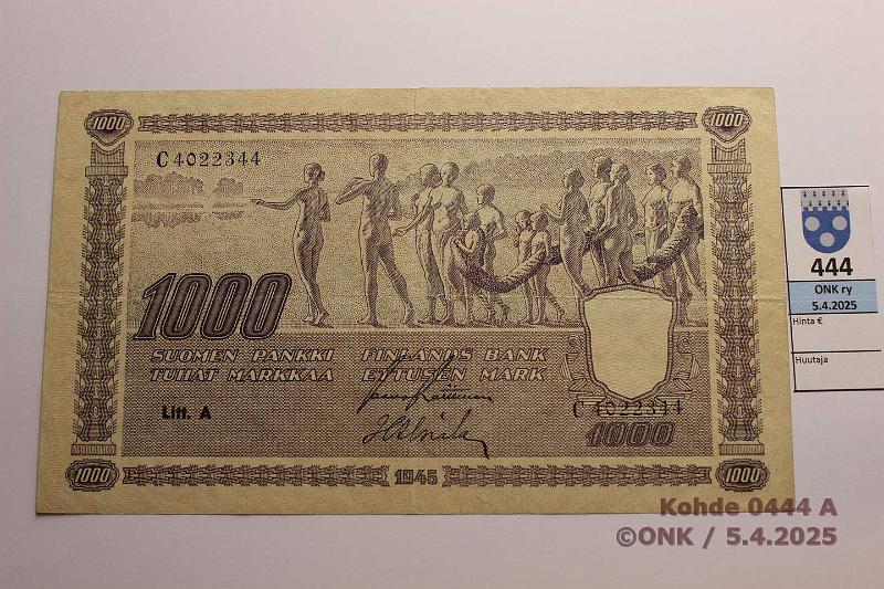 k-0444-a.jpg - Kohde 444 (kuva 1/2), lhthinta: 70 € 1000 mk 1945 LA SNY 199.1.1 C4022344 RAI-Als, kunto: 5