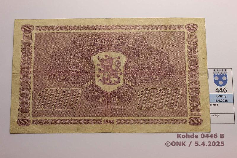 k-0446-b.jpg - Kohde 446 (kuva 2/2), lhthinta: 40 € 1000 mk 1945 LB SNY 199.2.1 G5975524 KIV-Car, keskireik, kunto: 3