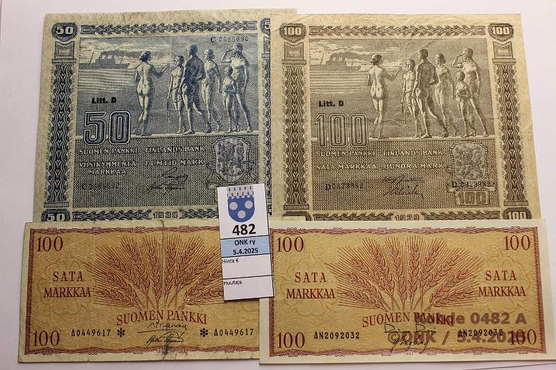 k-0482-a.jpg - Kohde 482 (kuva 1/2), lhthinta: 40 € 50 + 100 mk (1+7) 1939-57 50mk -39 C..RAN-AAs vl2; 100mk -39 D..JUT-Als vl2, -45 LB AG..JUT-AAs, AU..FIE-Eng, harv ak-pari(v), -55, -57(2), -57*(iso rep kl3), kunto: 3-7