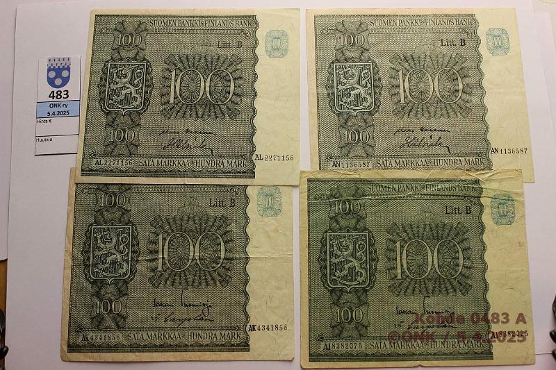 k-0483-a.jpg - Kohde 483, lhthinta: 15 € 100 mk (4) 1945 LB AI..TUO-Car; AK..TUO-Car; AL..KEK-Als; AN..KEK-Als, kunto: 3-4