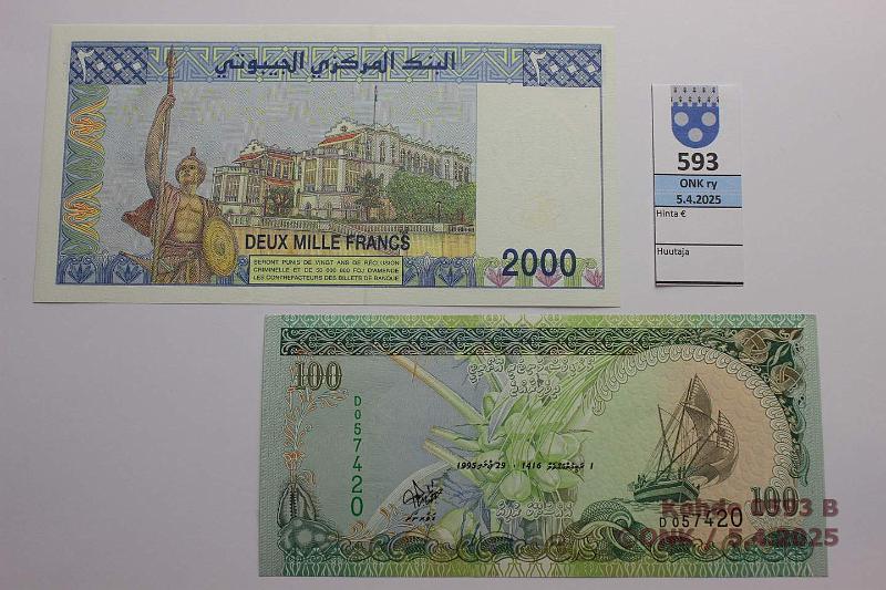 k-0593-b.jpg - Kohde 593 (kuva 2/2), lhthinta: 25 € Djibouti 2000 fr + Malediivit 100 rufiya 2000 P#43, 22a, kunto: 9, 10