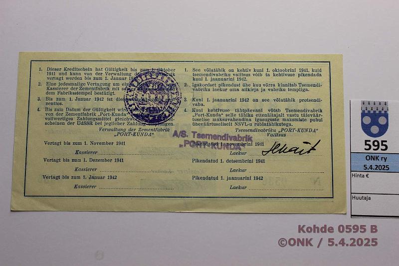 k-0595-b.jpg - Kohde 595 (kuva 2/2), lhthinta: 25 € Eesti Port Kunda 1 rpl 1941 n:o 0536 Pssi-Bogojavlenski-Vasepuru, kunto: 7