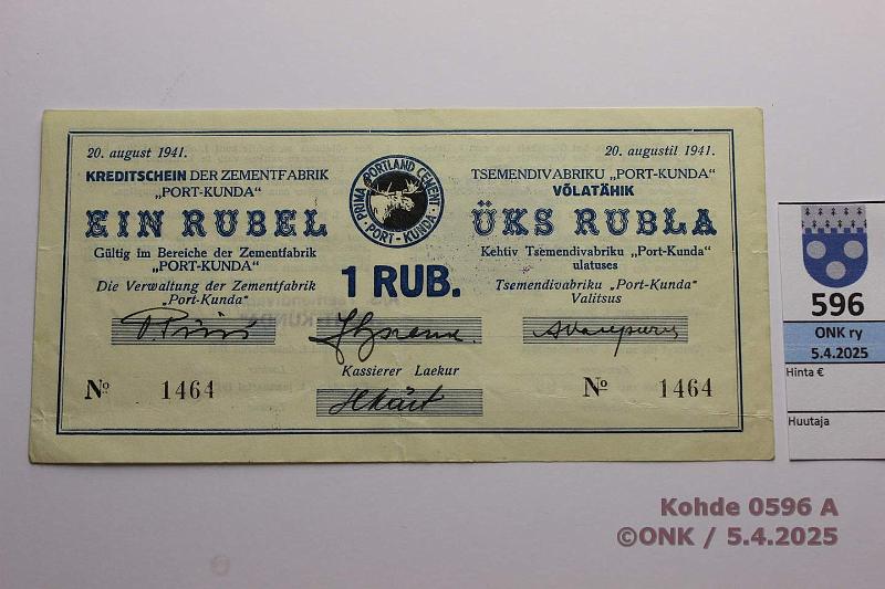 k-0596-a.jpg - Kohde 596 (kuva 1/2), lhthinta: 15 € Eesti Port Kunda 1 rpl 1941 n:o 1464 Pssi-Sprenk-Vasepuru, kunto: 5