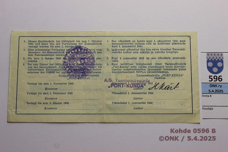 k-0596-b.jpg - Kohde 596 (kuva 2/2), lhthinta: 15 € Eesti Port Kunda 1 rpl 1941 n:o 1464 Pssi-Sprenk-Vasepuru, kunto: 5