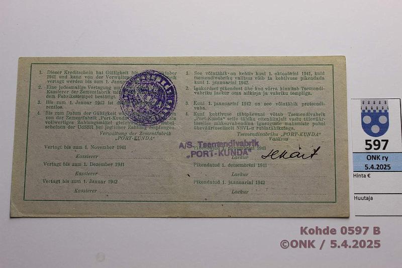 k-0597-b.jpg - Kohde 597 (kuva 2/2), lhthinta: 20 € Eesti Port Kunda 3 rpl 1941 n:o 1060 Pssi-Sprenk-Vasepuru, kunto: 8