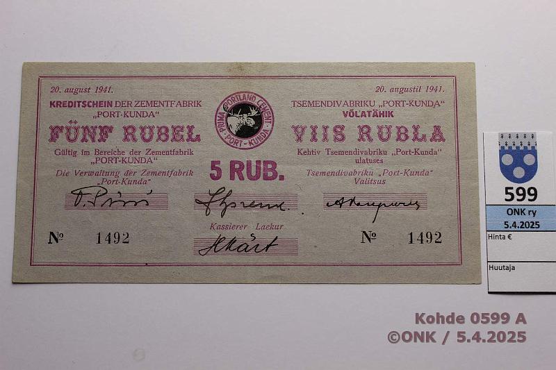 k-0599-a.jpg - Kohde 599 (kuva 1/2), lhthinta: 20 € Eesti Port Kunda 5 rpl 1941 n:o 1492 Pssi-Sprenk-Vasepuru, tahra, kunto: 8