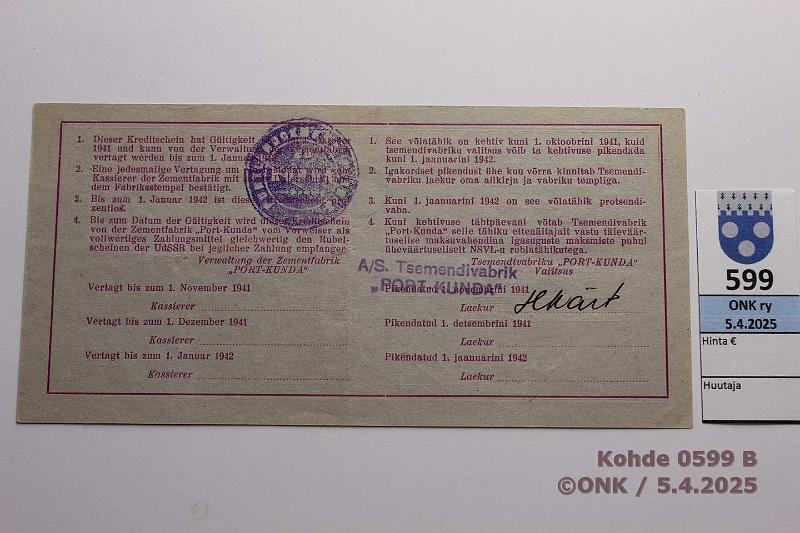 k-0599-b.jpg - Kohde 599 (kuva 2/2), lhthinta: 20 € Eesti Port Kunda 5 rpl 1941 n:o 1492 Pssi-Sprenk-Vasepuru, tahra, kunto: 8