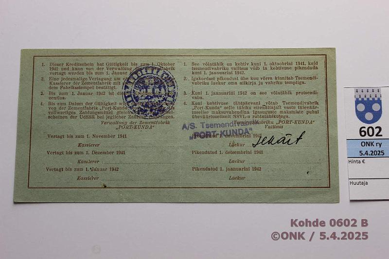 k-0602-b.jpg - Kohde 602 (kuva 2/2), lhthinta: 20 € Eesti Port Kunda 25 rpl 1941 n:o 0410 Roonemaa-Bogojavlenski-Vasepuru, kunto: 8