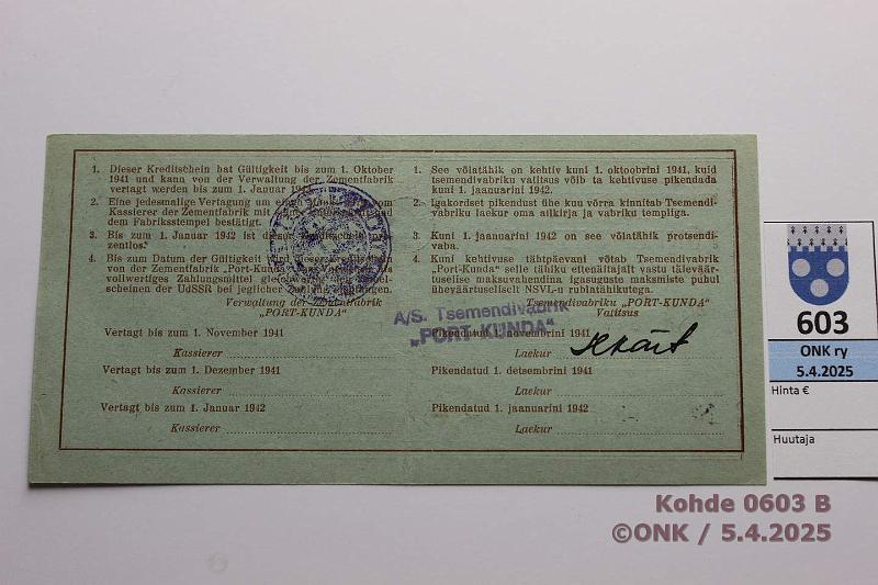 k-0603-b.jpg - Kohde 603 (kuva 2/2), lhthinta: 20 € Eesti Port Kunda 25 rpl 1941 n:o 0964 Pssi-Bogojavlenski-Vasepuru, kunto: 8