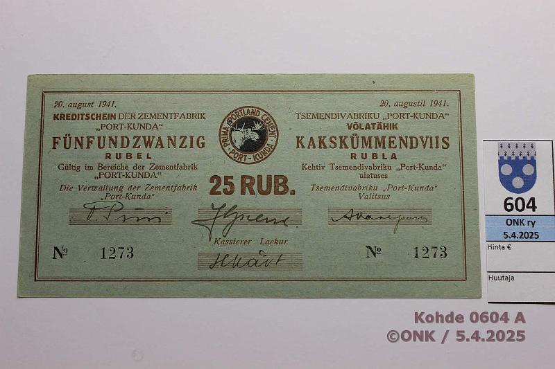 k-0604-a.jpg - Kohde 604 (kuva 1/2), lhthinta: 30 € Eesti Port Kunda 25 rpl 1941 n:o 1273 Pssi-Sprenk-Vasepuru, kaksi pient kulmateitetta, kunto: 9