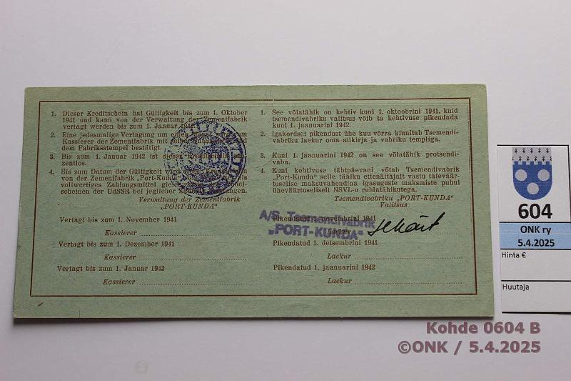 k-0604-b.jpg - Kohde 604 (kuva 2/2), lhthinta: 30 € Eesti Port Kunda 25 rpl 1941 n:o 1273 Pssi-Sprenk-Vasepuru, kaksi pient kulmateitetta, kunto: 9