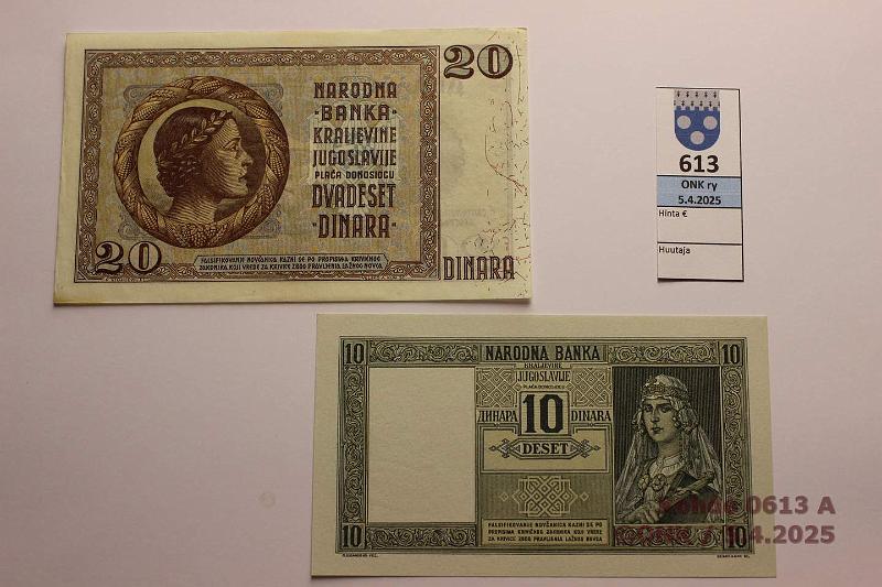 k-0613-a.jpg - Kohde 613 (kuva 1/2), lhthinta: 25 € Jugoslavia 10 + 20 din 1939 P#30, 35 20d vrjym reunassa, pyristyneet nurkat, ei taitteita, kunto: 9, 8