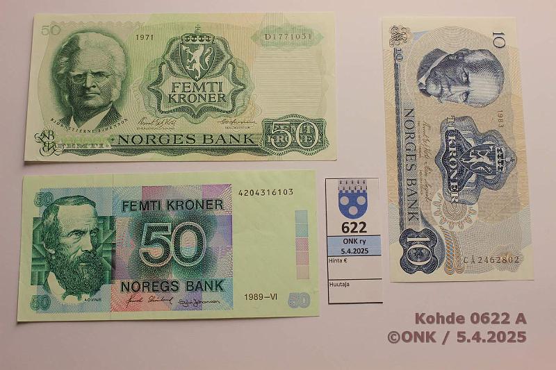 k-0622-a.jpg - Kohde 622 (kuva 1/2), lhthinta: 15 € Norja 10 + 50 kr (1+2) 1971-89 P#36, 37, 42 10k -83; 50k -71, -89, kunto: 8