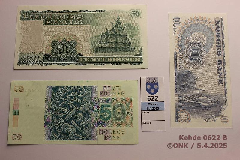 k-0622-b.jpg - Kohde 622 (kuva 2/2), lhthinta: 15 € Norja 10 + 50 kr (1+2) 1971-89 P#36, 37, 42 10k -83; 50k -71, -89, kunto: 8