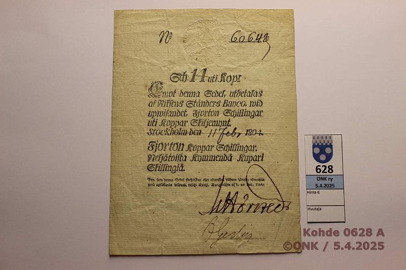 k-0628-a.jpg - Kohde 628 (kuva 1/2), lhthinta: 95 € Ruotsi 14 sk KM 1804 P#A97 N:o 6064? Siisti, kova paperi. Vesileima KOPPAR SKILJE-MYNTS SEDEL, kunto: 5