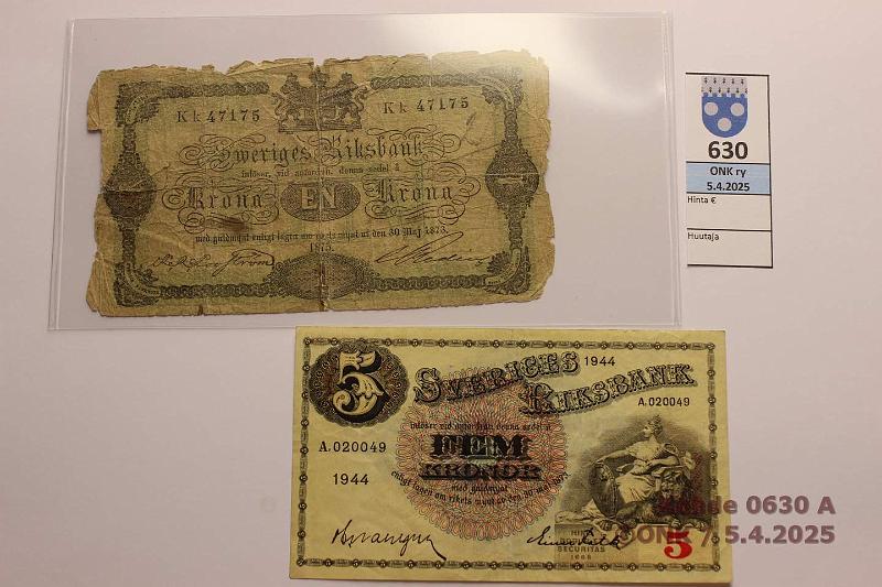 k-0630-a.jpg - Kohde 630 (kuva 1/2), lhthinta: 5 € Ruotsi 1 + 5 kr 1875, 1944 1kr 1875, pehme ja puutteita; 5kr 1944, kunto: 1, 5