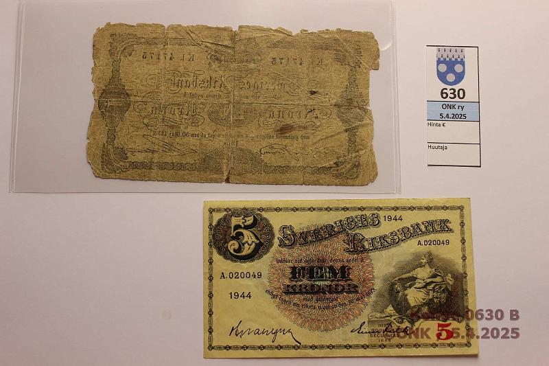 k-0630-b.jpg - Kohde 630 (kuva 2/2), lhthinta: 5 € Ruotsi 1 + 5 kr 1875, 1944 1kr 1875, pehme ja puutteita; 5kr 1944, kunto: 1, 5